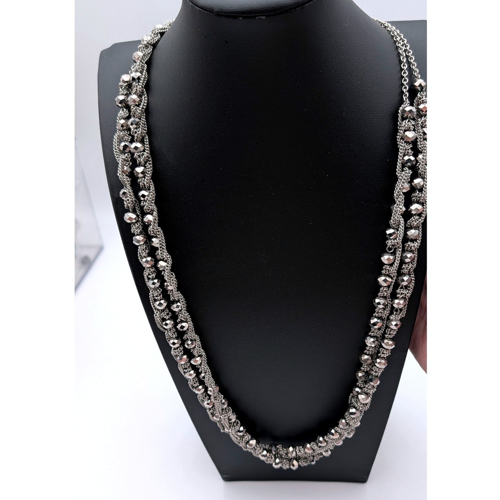 Chico's Gunmetal Multi Strand Beaded Layered Necklace Dark Metallic Tone